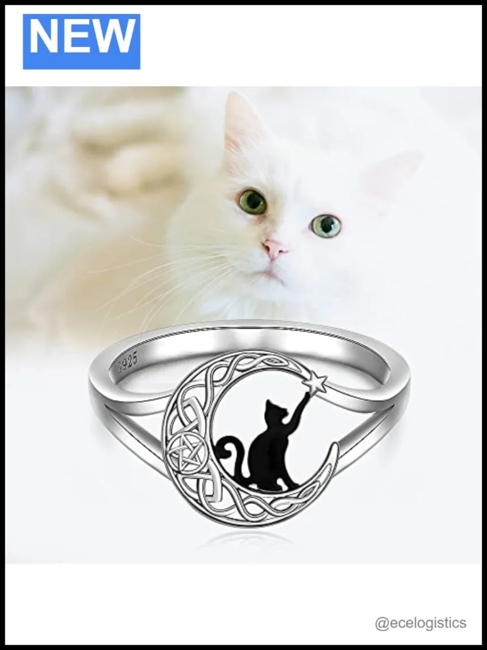 S925 Sterling Silver Cat Moon Ring Thumb Statement Jewelry Gift for Women